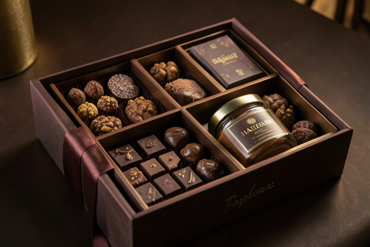 Coffret Prestige avec tablettes, pralines et pâte à tartiner