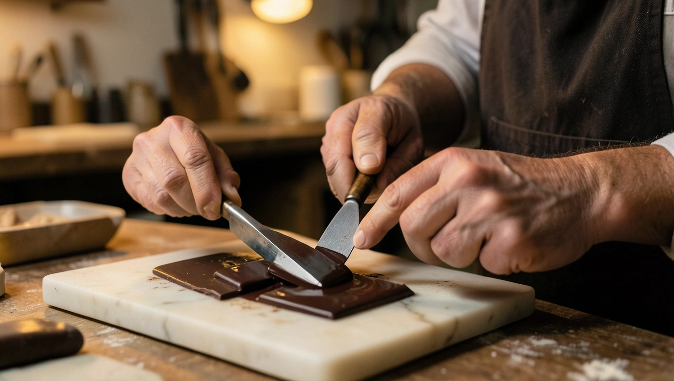 Mains de chocolatier travaillant le chocolat
